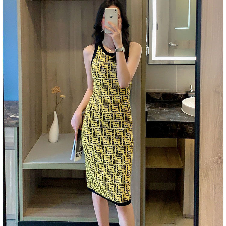 Réplica de diseñador FENDI Mujer Double F Retro Slim Vestido de punto