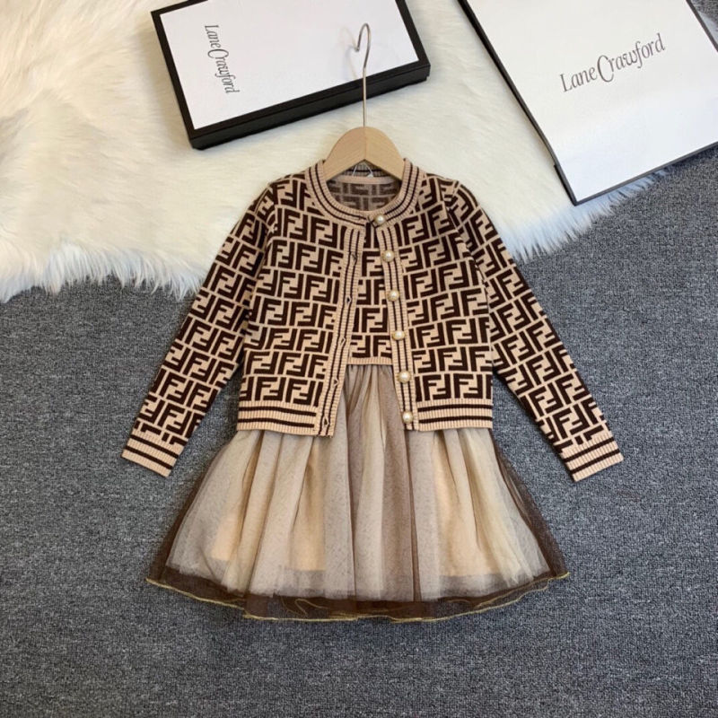 Replica Designer Fendi Kids Letters Sleeveless Vest Dress And Long-Sleeved Cardigan 2pcs Set