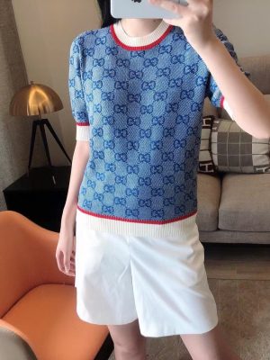 Replica Designer GUCCI Women Double G Letter Sweater Retro Pullover Short-Sleeved T-Shirt