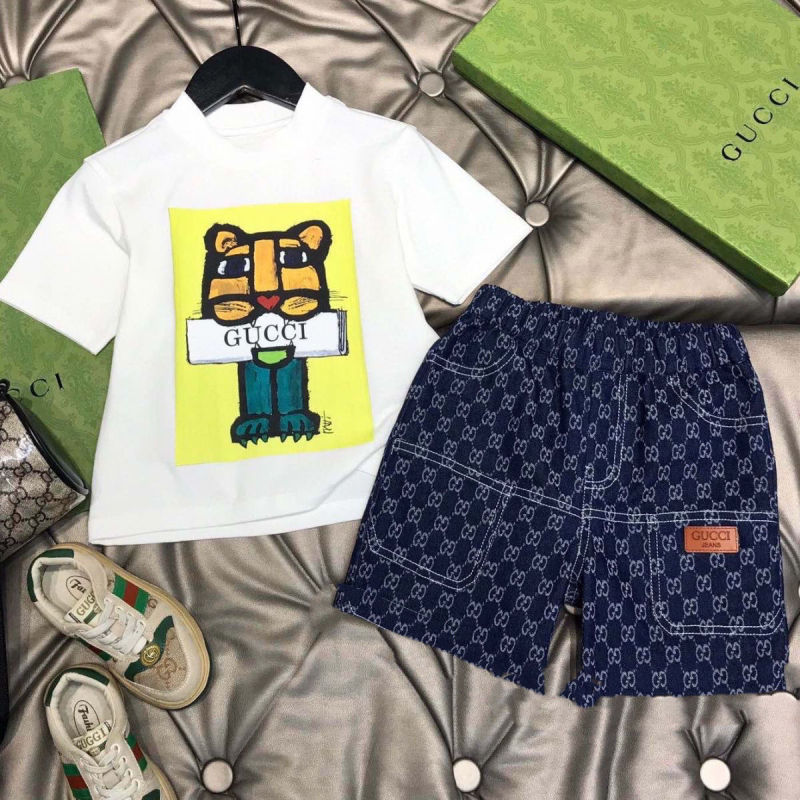 Replica Designer Gucci Kid Girl Boy Tiger Print Short Sleeve T-shirt And Short 2pcs Set