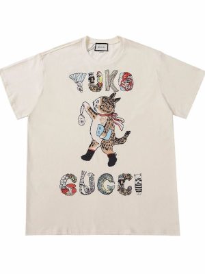 Replica Designer Gucci Men Women Fun Cat Short-Sleeved T-Shirt