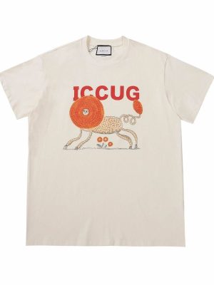 Replica Designer Gucci Men Women Mirror Lion Short-Sleeved T-Shirt