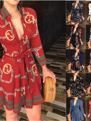 Replica Designer Gucci V-Neck Fashion Sexy Print Long Sleeve Dress
