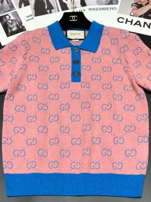 Replica Designer Gucci Women GG Letter Color Matching Lapel Short-Sleeved Knitted POLO Shirt