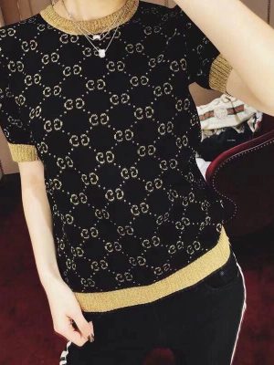 Replica Designer Gucci Women GG Letter Jacquard Short-Sleeved Fashion Knitted Top