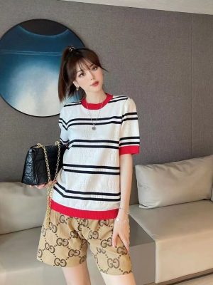 Replica Designer Gucci Women Hollow Contrast Color Ice Silk Knit Sweater Round Neck Short Sleeve Stripe Intarsia Pattern T-Shirt