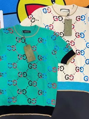 Replica Designer Gucci Women Jacquard Short Sleeved Knitted Retro Fashion Top