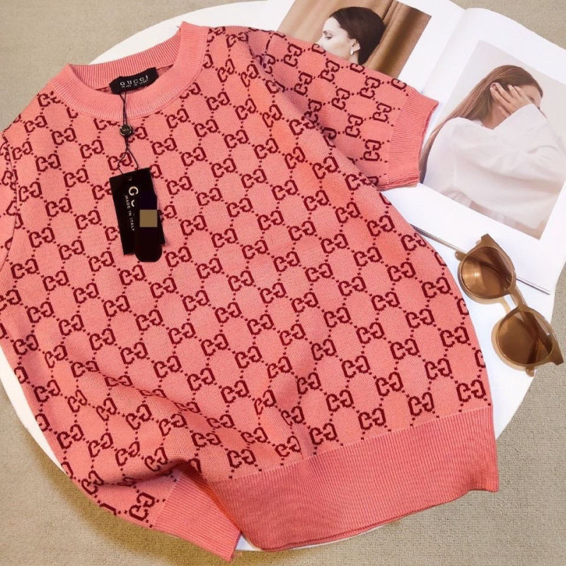 Replica Designer Gucci Women Letter Jacquard Knitted Short-Sleeve Top