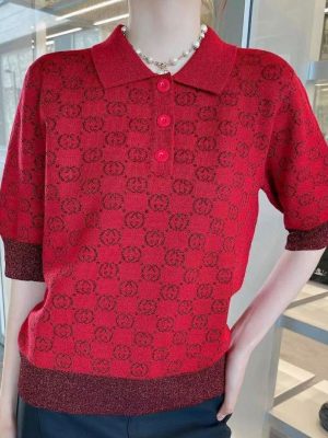 Replica Designer Gucci Women Polo Collar Knitted Gold Short-Sleeved Top