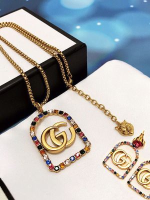 Replica Designer Gucci Women Retro Colored Diamond Square Necklace Earrings