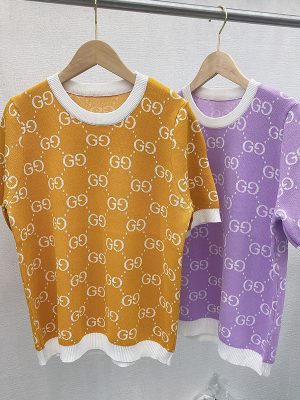 Replica Designer Gucci Women Sweet Color Letter Jacquard Knitted Loose Short-Sleeved Top