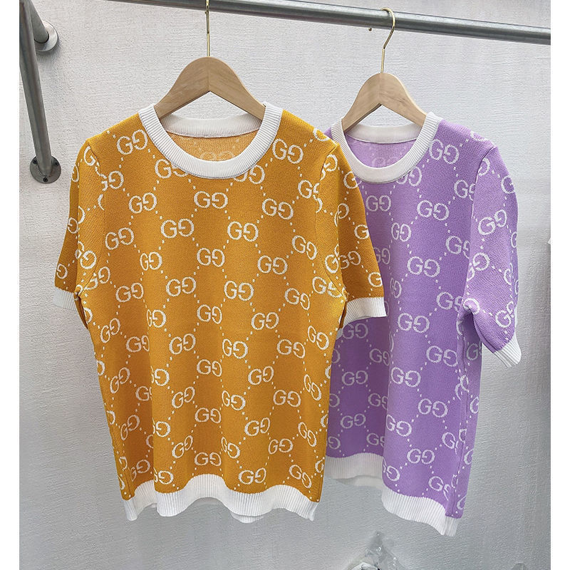 Replica Designer Gucci Women Sweet Color Letter Jacquard Knitted Loose Short-Sleeved Top