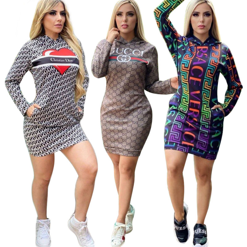 Replica Designer Gucci Women'S Stylish Hoodie Long Sleeve Printed Dress