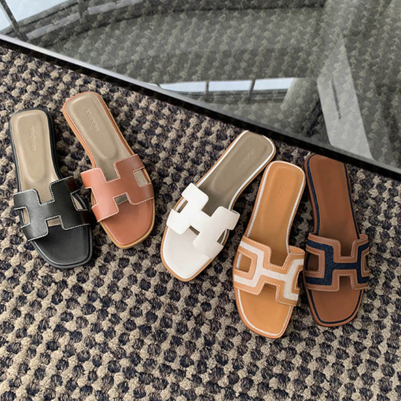 Replica Designer Hermes Fashion Women H Shaped PU Flat Slippers
