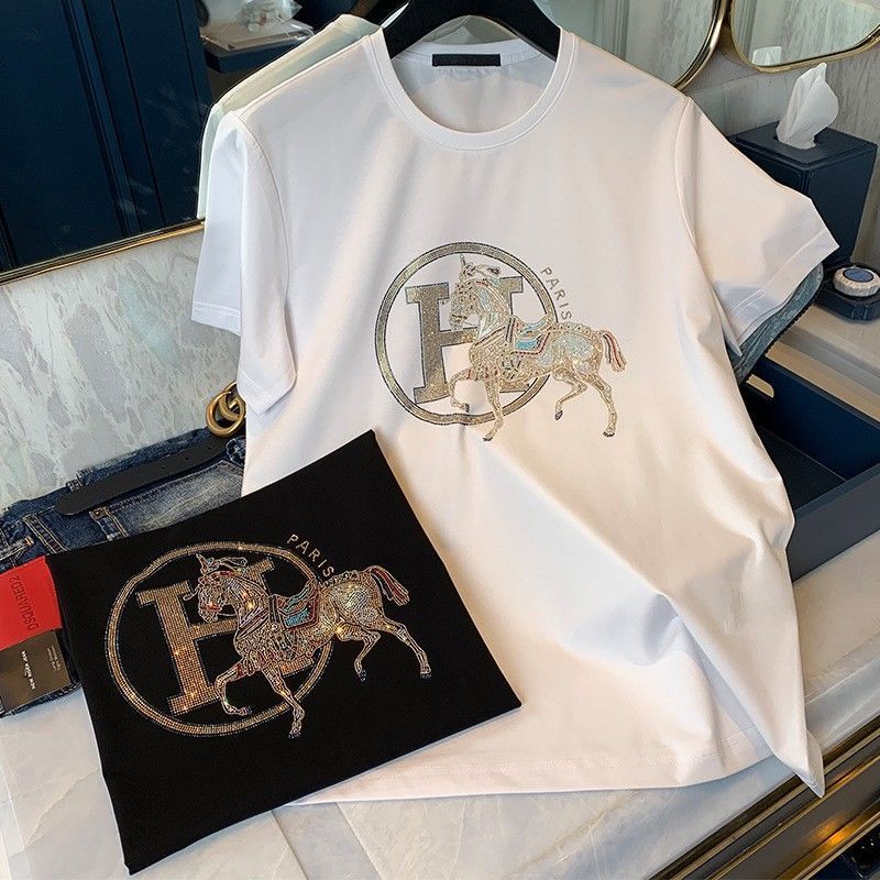 Réplica de Diseñador Hermes Hombre Camiseta de manga corta con pedrería de colores