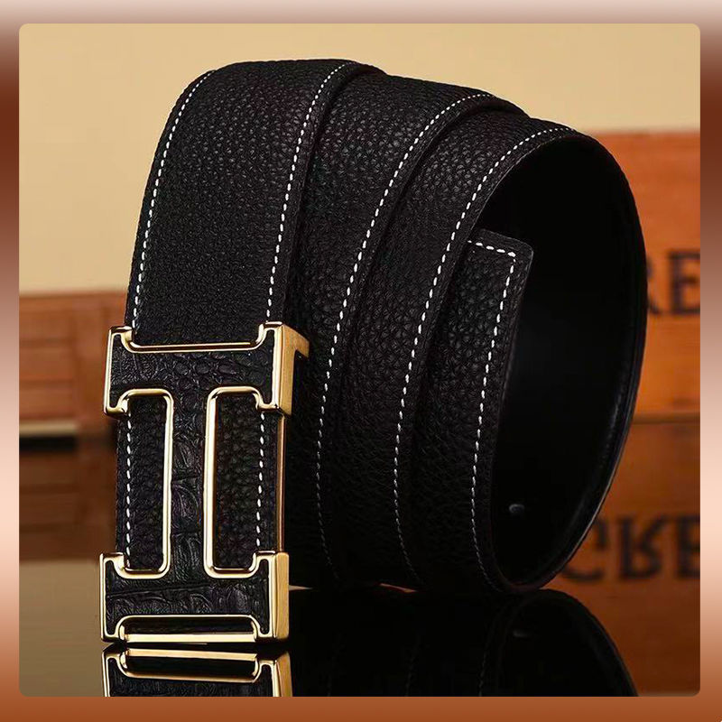 Replica Designer Hermes Men Fashion H Letters Black Stitched Plaid Automatic Buckle Belt