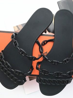 Replica Designer Hermes Women H Pig Nose Chain Flat Slippers