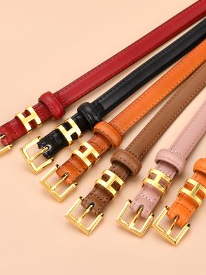 Replica Designer Hermes Women Vintage Solid Color Genuine Leather Slim Belt