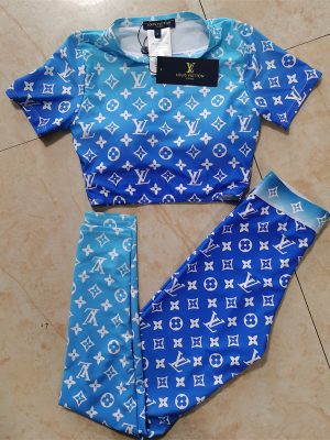 Replica Designer Louis Vuitton Fashion Letter Print Gradient Short Sleeve Top + Pants Two Piece Set