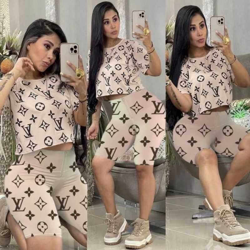 Replica Designer Louis Vuitton Fashion Printing Casual Short-Sleeve And Shorts Two-Piece Suit