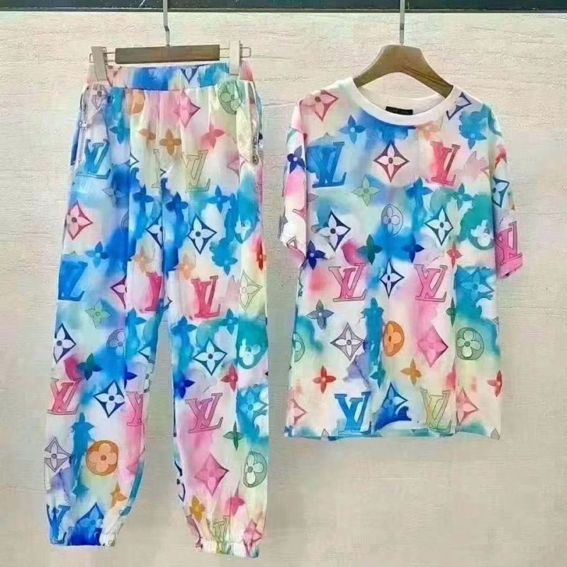 Replica Designer Louis Vuitton Fashion Tie-Dye Print Short-Sleeved Loose T-Shirt + Pants Two-Piece Set
