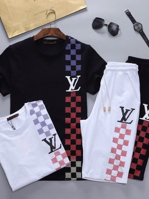 Replica Designer Louis Vuitton Men Casual Short-Sleeved Shorts 2pcs Sports Suit