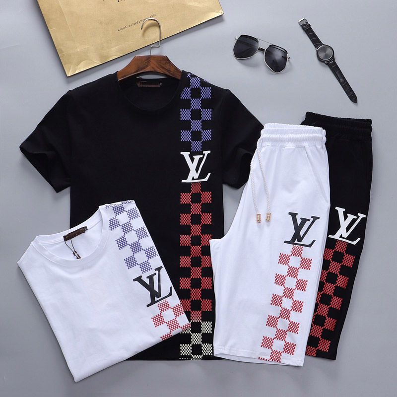Replica Designer Louis Vuitton Men Casual Short-Sleeved Shorts 2pcs Sports Suit