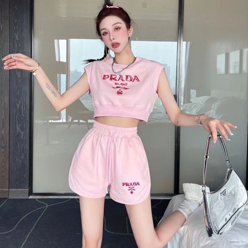 Replica Designer Prada Contrast Color Letter Embroidery Women Sleeveless Top Elastic Waist Shorts Two-Piece Set