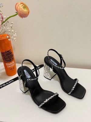 Replica Designer Prada Fashion Imitation Rhinestone Thick Heel Sexy High Heels Sandals