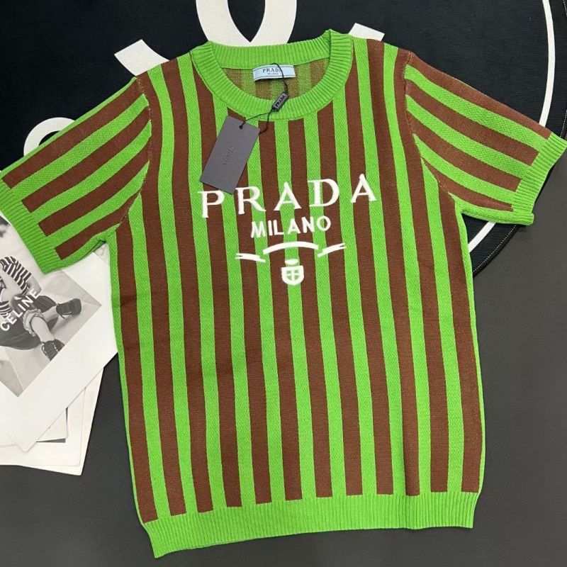 Replica Designer Prada Striped Short-Sleeve Embroidery Letters Color- Stripe Knitted Top