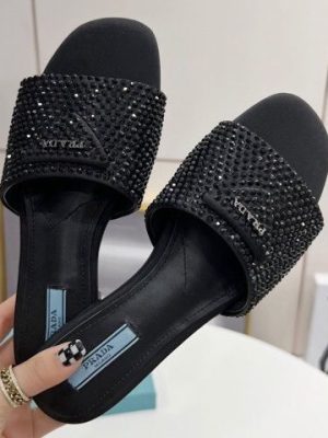 Replica Designer Prada Stylish Rhinestone Flat Slippers