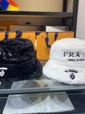 Replica Designer Prada Women Big Lamb Wool Embroidered Fisherman Hat