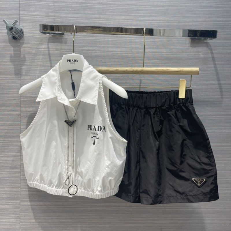 Replica Designer Prada Women Solid Color Short Sleeveless Shirt Elastic High Waist Shorts