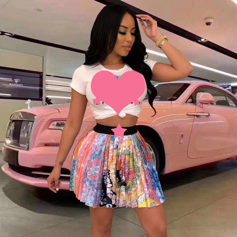 Replica Designer Replica Versace Design Women Summer Pleated Skirt Short Sleeve Tee Set