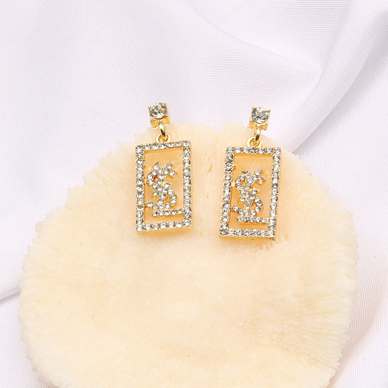 Replica Designer YSL Women Rectangular Imitation Rhinestone Temperament Tassel Earrings